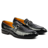 Obeeze Handmade Black Leather Crocodile Style Loafers