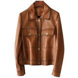 Obeeze Handmade Zoe Front Pocket Brown Lambskin Leather Jacket