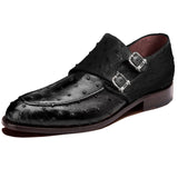 Obeeze Handmade Black Double Monk Strap Ostrich Leather Shoes