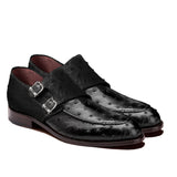 Obeeze Handmade Black Double Monk Strap Ostrich Leather Shoes